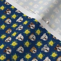 TINY - english bulldog floral heads - english bulldog fabric navy and yellow