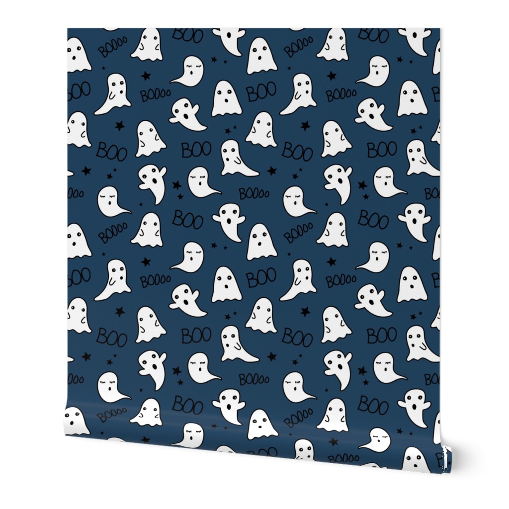 Spooky night ghost boo baby and stars kawaii halloween nursery pattern kids navy blue boys winter