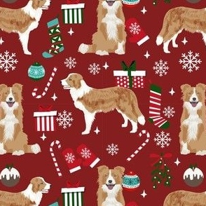 border collie christmas fabric - light border collie, cute dog, christmas dog, christmas fabric - burgundy