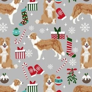 border collie christmas fabric - light border collie, cute dog, christmas dog, christmas fabric - grey