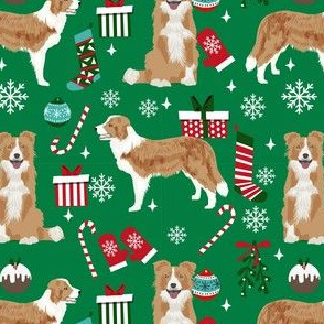 border collie christmas fabric - light border collie, cute dog, christmas dog, christmas fabric - green