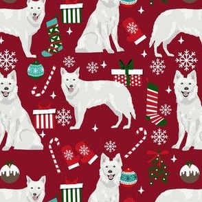 white shepherd christmas dog fabric - christmas dog, shepherd dog fabric, holiday fabric - burgundy