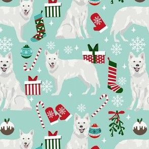 white shepherd christmas dog fabric - christmas dog, shepherd dog fabric, holiday fabric - ligth blue