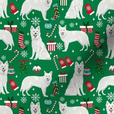 white shepherd christmas dog fabric - christmas dog, shepherd dog fabric, holiday fabric - green