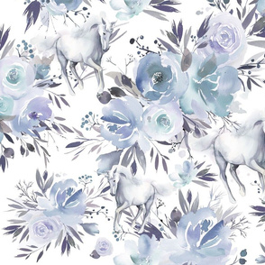 Large Floral Unicorn - blue on white