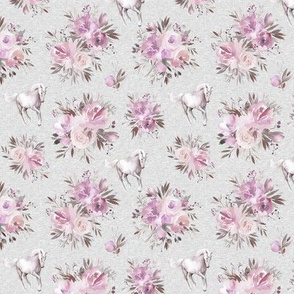Small scale Floral Unicorn - pink on grey linen