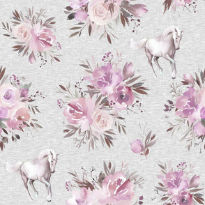 Floral Unicorn - pink on grey linen