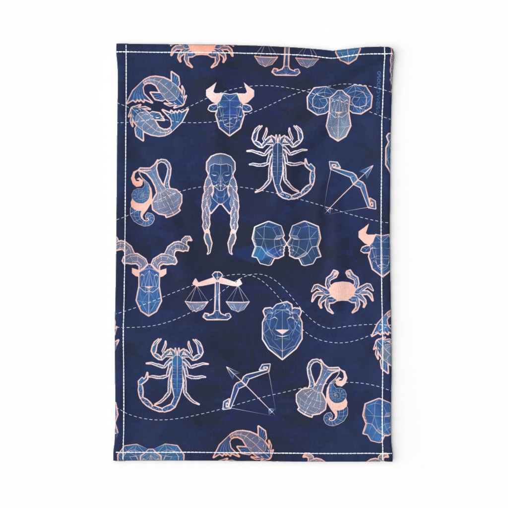 Geometric astrology zodiac signs tea towel // navy blue and coral