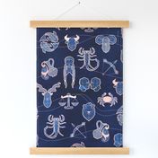 Geometric astrology zodiac signs tea towel // navy blue and coral