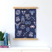 Geometric astrology zodiac signs tea towel // navy blue and coral