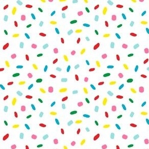 Sweet glazed, with colorful sprinkles on white melting icing seamless pattern