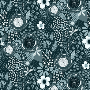 Whimsy Floral| Blue Dianne | Monochrome| Renee Davis