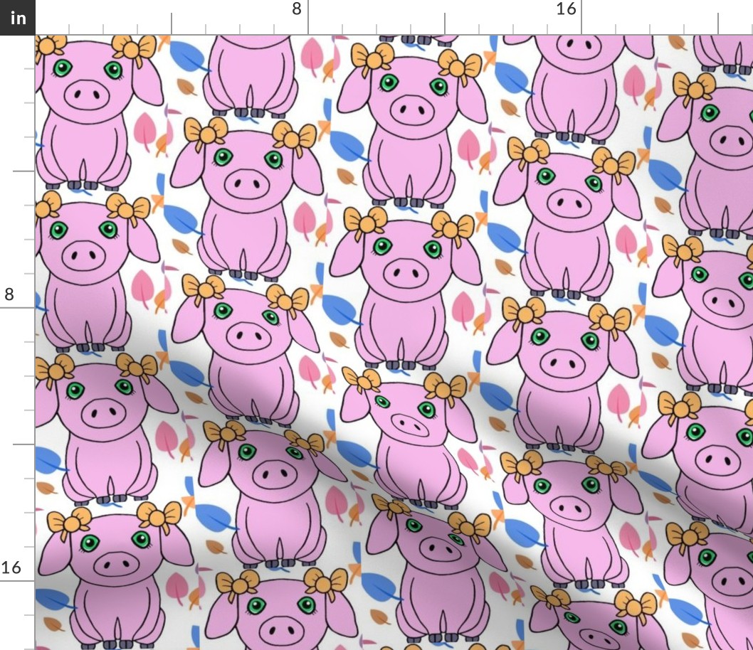 spoonflower piggie pink grey leaves 2