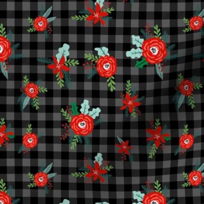 christmas floral fabric - red floral, christmas floral, poinsettia fabric - grey and black