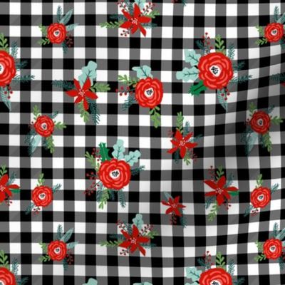 christmas floral fabric - red floral, christmas floral, poinsettia fabric - bw plaid