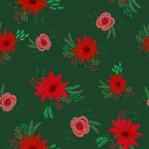 christmas floral fabric - red floral, christmas floral, poinsettia fabric - dark green