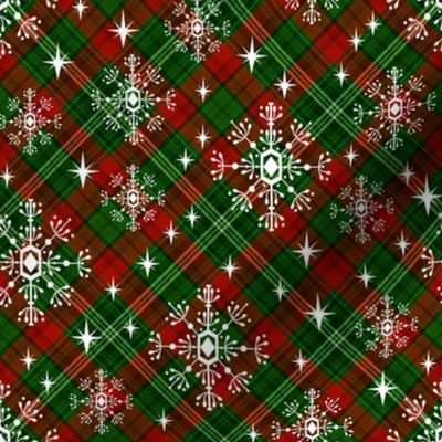 snowflake plaid  fabric - green and red plaid, green and red tartan, holiday fabric, christmas winter fabric