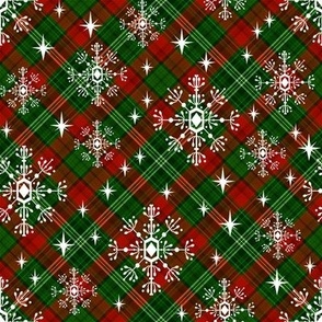 snowflake plaid  fabric - green and red plaid, green and red tartan, holiday fabric, christmas winter fabric