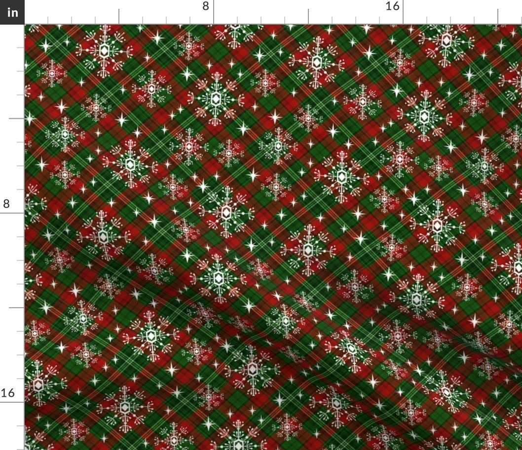 snowflake plaid  fabric - green and red plaid, green and red tartan, holiday fabric, christmas winter fabric