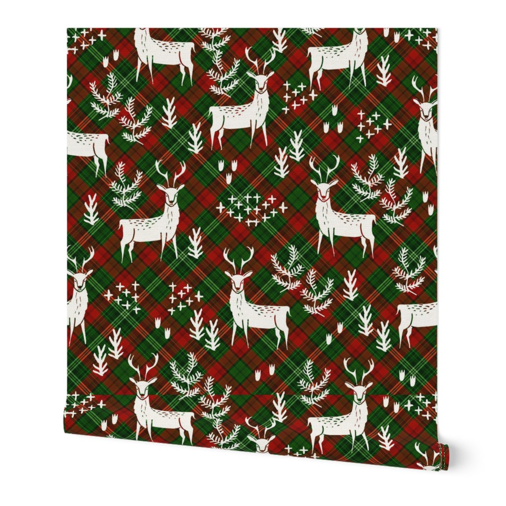 christmas plaid deer fabric - christmas tartan, christmas deer, woodland deer, christmas fabric - green and red tartan