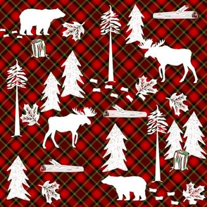 woodland tartan fabric - moose fabric, snow fabric, christmas fabric, winter fabric - holiday fabric - green and red