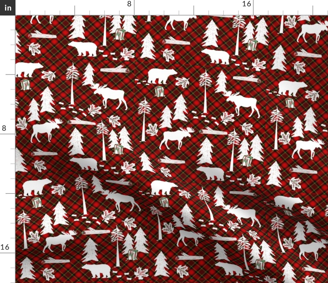 woodland tartan fabric - moose fabric, snow fabric, christmas fabric, winter fabric - holiday fabric - green and red
