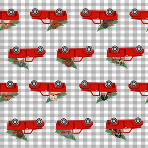 christmas dachshund red truck fabric - cute doxie fabric, cute dachshund fabric, dog fabric, dog design,  - grey check
