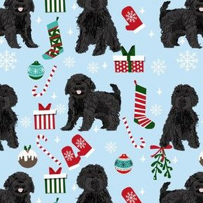 black cavoodle christmas fabric - cavapoo fabric, christmas dog fabric, cute cavoodle fabric -  blue