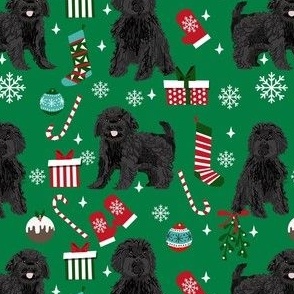 black cavoodle christmas fabric - cavapoo fabric, christmas dog fabric, cute cavoodle fabric - green