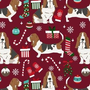 basset hound christmas dog fabric - holiday dog fabric, basset christmas, dog christmas - burgundy