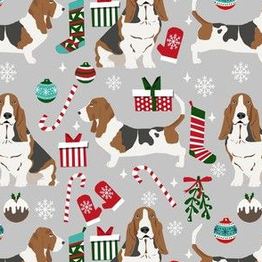 basset hound christmas dog fabric - holiday dog fabric, basset christmas, dog christmas - grey