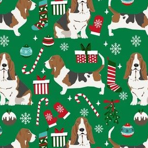 basset hound christmas dog fabric - holiday dog fabric, basset christmas, dog christmas - green