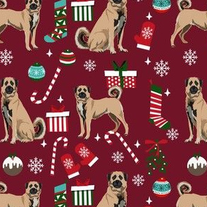 anatolian shepherd dog fabric - christmas dog fabric, anatolian christmas dog fabric - burgundy