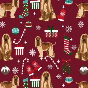 afghan hound christmas fabric, christams dog fabric, holiday fabric, afghan hound fabric - burgundy