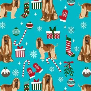 afghan hound christmas fabric, christams dog fabric, holiday fabric, afghan hound fabric -teal
