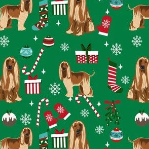 afghan hound christmas fabric, christams dog fabric, holiday fabric, afghan hound fabric - green