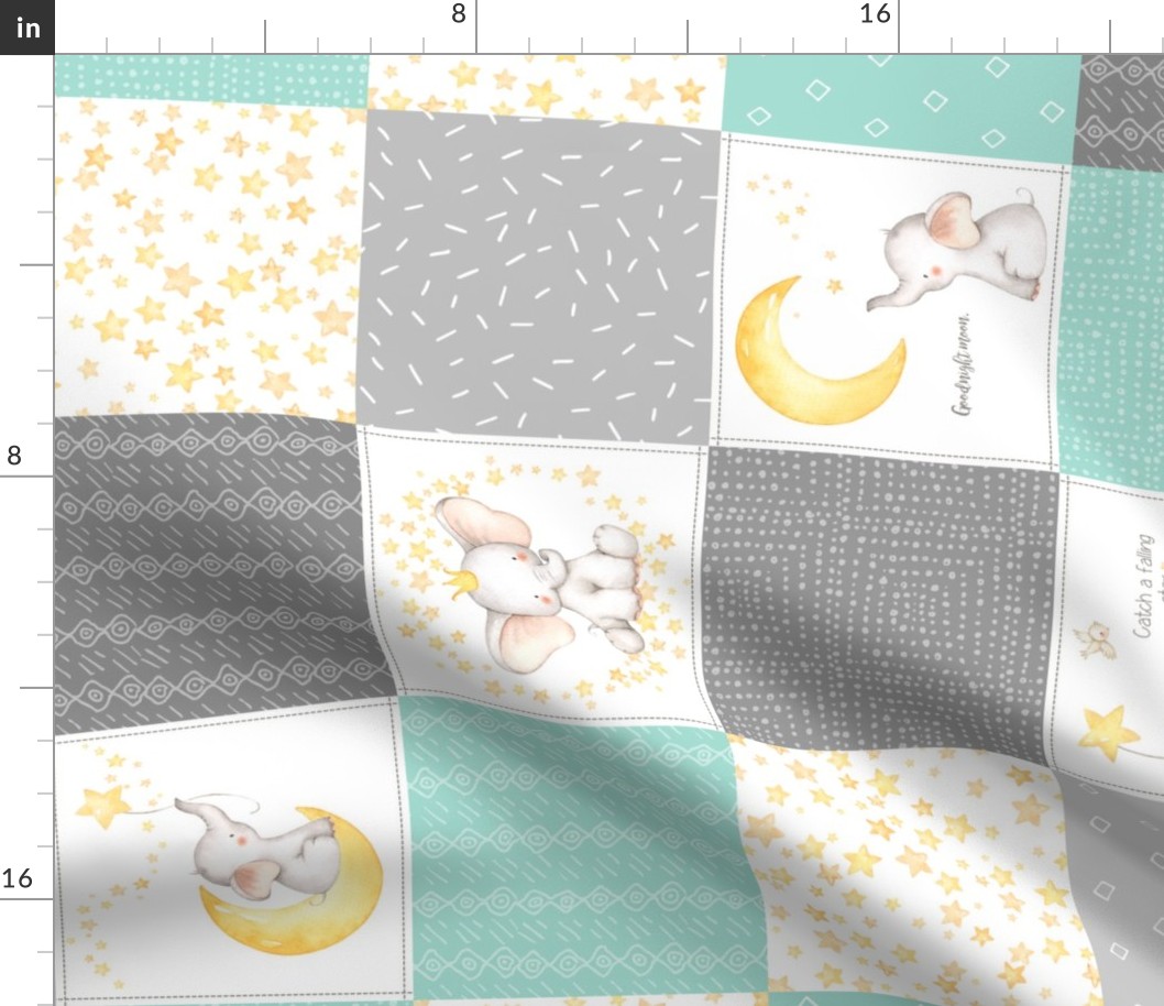 Starry Sky Baby Elephant Quilt Top – Nursery Blanket Bedding - Mint & Gray ROTATED