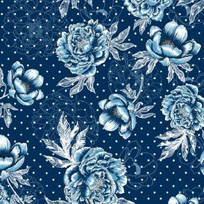 Helen’s Vintage Blue Peonies V2 (navy) 12”