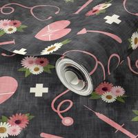 floral nurse melody - nursing - syringe, ekg, stethoscope -  grey and pink - LAD19