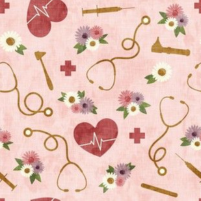 floral nurse melody - nursing - syringe, ekg, stethoscope - rose - LAD19