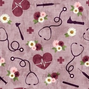 floral nurse melody - nursing - syringe, ekg, stethoscope - mauve - LAD19
