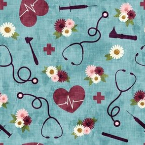 floral nurse melody - nursing - syringe, ekg, stethoscope -  blue 2 - LAD19