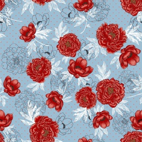 Helen's Vintage Red Peonies (dusty blue) 24"