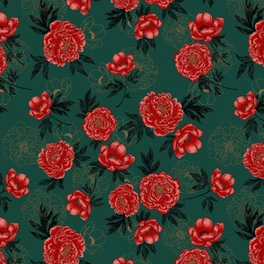 Helen's Vintage Red Peonies (forest green) 14"