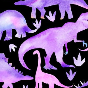 Watercolour dinosaurs - purple on black - larger scale
