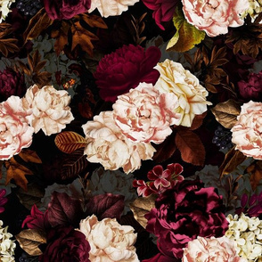 Small Vintage Summer Dark Night Romanticism:  Maximalism Moody Florals- Antiqued White And Burgundy Roses Nostalgic - Gothic Mystic Night-  Antique Botany Wallpaper and Victorian Goth Mystic inspired