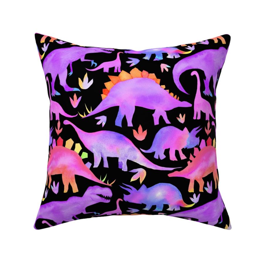 Watercolour dinosaurs  - purple & multi  on black - large scale