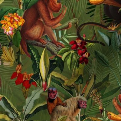 12" Monkeys Bananas Flowers Tropical Jungle Green