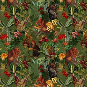 12" Monkeys Bananas Flowers Tropical Jungle Green
