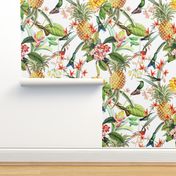 18" Vintage Tropical Birds Pineapple Paradise -white